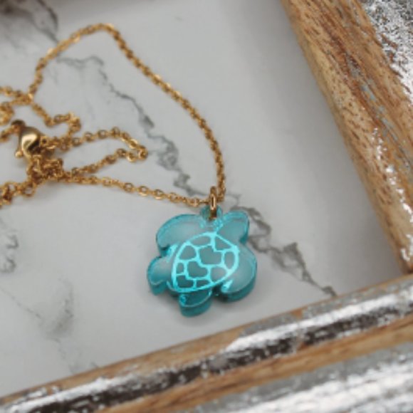 That Southern Flamingo Jewelry - Turtle Necklace Teal Acrylic Pendant with 18 inch Gold Chain